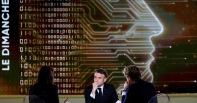French President Emmanuel Macron answers questions of French Journalist Laurent Delahousse and Indian Journalist Palki Sharma Upadhyay during a televised interview broadcasted on TV channel France 2 and in India on the eve of the Artificial Intelligence (AI) Action Summit, at the Grand Palais, in Paris, on February 9, 2025.