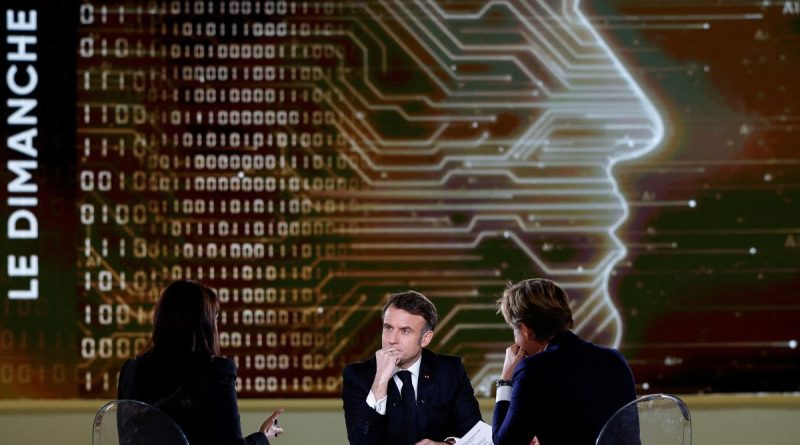 French President Emmanuel Macron answers questions of French Journalist Laurent Delahousse and Indian Journalist Palki Sharma Upadhyay during a televised interview broadcasted on TV channel France 2 and in India on the eve of the Artificial Intelligence (AI) Action Summit, at the Grand Palais, in Paris, on February 9, 2025.