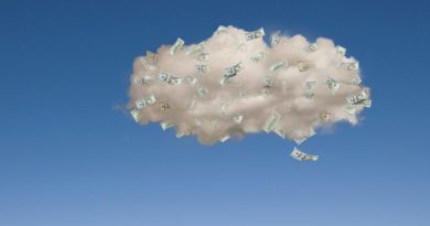 Image of money floating in a cloud against a blue sky.