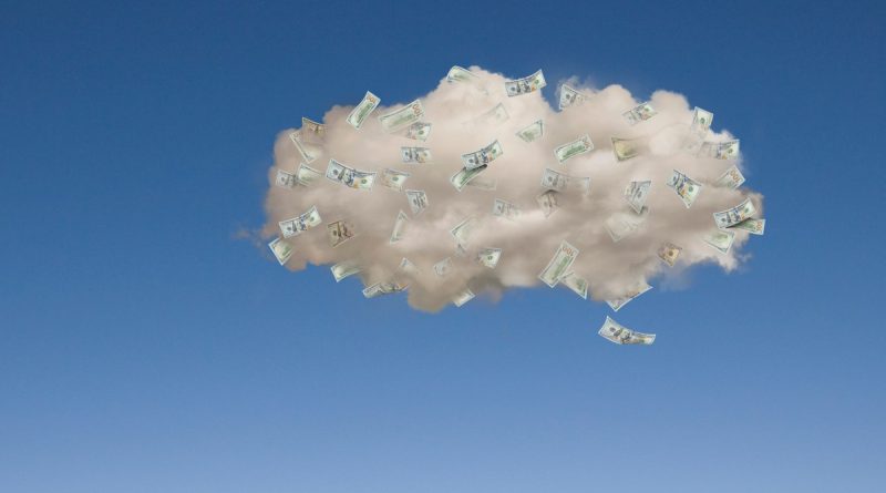 Image of money floating in a cloud against a blue sky.