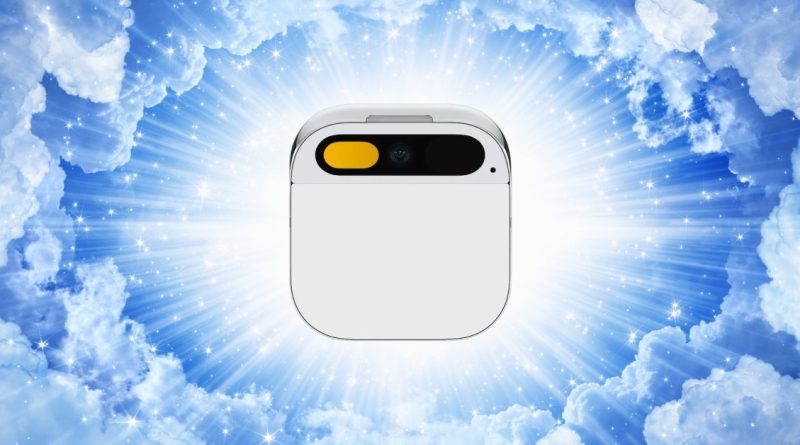 A Humane AI Pin device centered against a background of clouds and shining light beams.