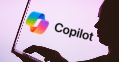 In this photo illustration, the Microsoft Copilot logo is seen in the background next to a silhouette of a person using a notebook.