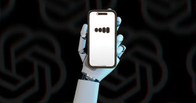 white robotic hand holding a phone with OpenAI's GPT-4o on the screen
