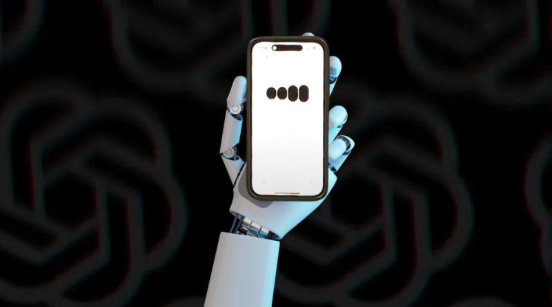 white robotic hand holding a phone with OpenAI's GPT-4o on the screen