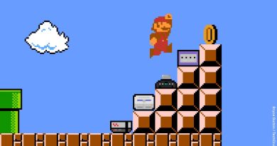 Pixel art of mario jumping on gaming consoles to get a coin.