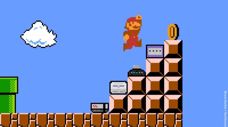 Pixel art of mario jumping on gaming consoles to get a coin.