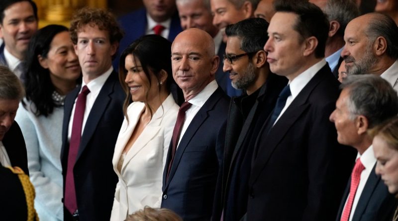 Guests including Mark Zuckerberg, Lauren Sanchez, Jeff Bezos, Sundar Pichai and Elon Musk attend the Inauguration of Donald J. Trump in the U.S. Capitol Rotunda on January 20, 2025 in Washington, D.C.