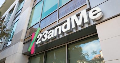 Low-angle view of logo on facade of personal genomics company 23AndMe in the Silicon Valley town of Mountain View, California, October 28, 2018. (Photo by Smith Collection/Gado/Getty Images)