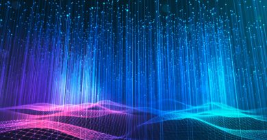 Abstract image of big data wave and information vertical line dots on a dark background.