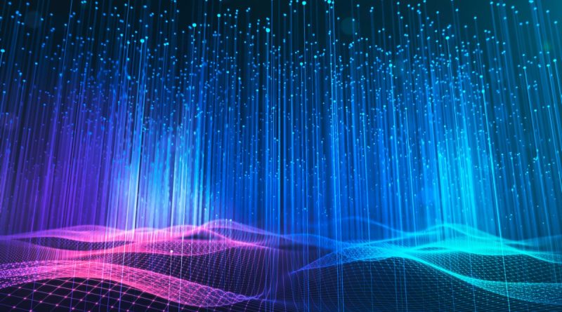 Abstract image of big data wave and information vertical line dots on a dark background.