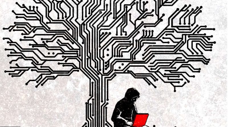 A tree made of circuits. Person sitting at base with laptop.