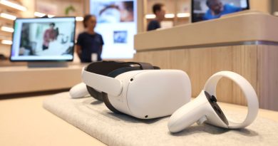 An Oculus virtual reality headset is displayed during a media preview of the new Meta Store on May 04, 2022 in Burlingame, California