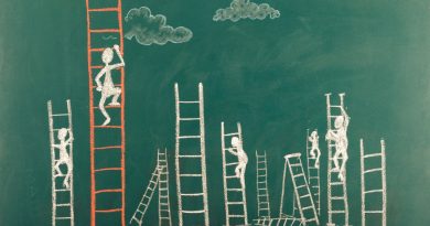 Image of stick figures climbing ladders to represent career moves.