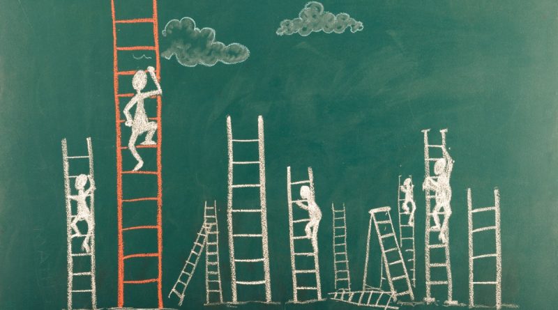Image of stick figures climbing ladders to represent career moves.