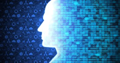 Man looking at big data represented by binary code and data symbols like graphs.