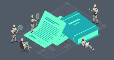 Robots work on a contract and review a legal book to illustrate AI usage in law.