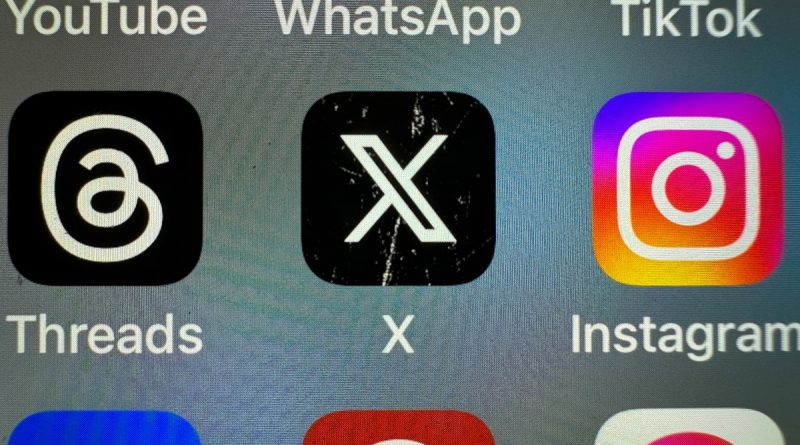In this photo illustration the logo of US online social media and social networking site 'X' (formerly known as Twitter) is displayed centrally on a smartphone screen alongside that of Threads and Instagram