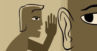 Fake news - abstract drawn person whispers gossip in another persons ear. Vector illustration