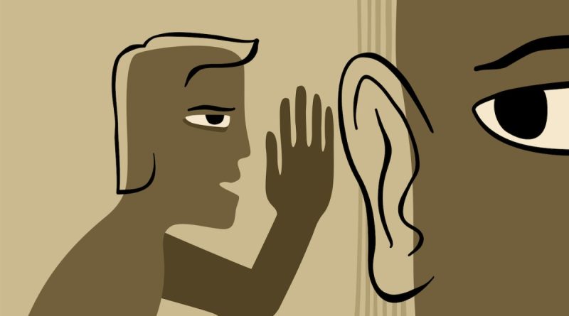 Fake news - abstract drawn person whispers gossip in another persons ear. Vector illustration