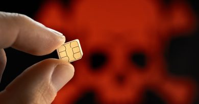 A close up shot of a person holding a SIM card, with a skull in the background to demonstrate SIM hack
